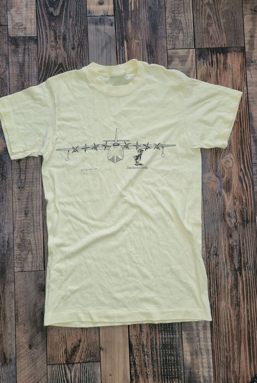 Spruce Goose Howard Hughes Flying Yellow T-Shirt Vintage 80s Youth Size M